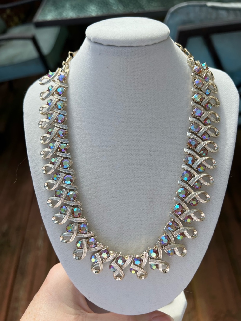 Vintage Signed CORO Aurora Borealis Rhinestone Necklace 1950s-60s Gold Tone